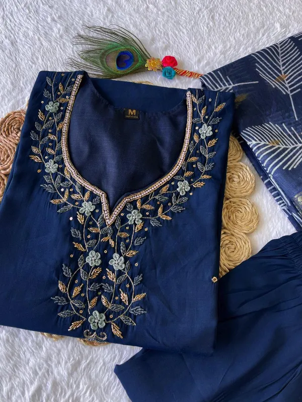 Navy_Blue_Silk_Blend_3/4_Sleeve_Sweetheart_Neck_Kurti_Palazzo_Set_For_Women