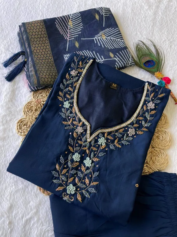 Navy_Blue_Silk_Blend_3/4_Sleeve_Sweetheart_Neck_Kurti_Palazzo_Set_For_Women