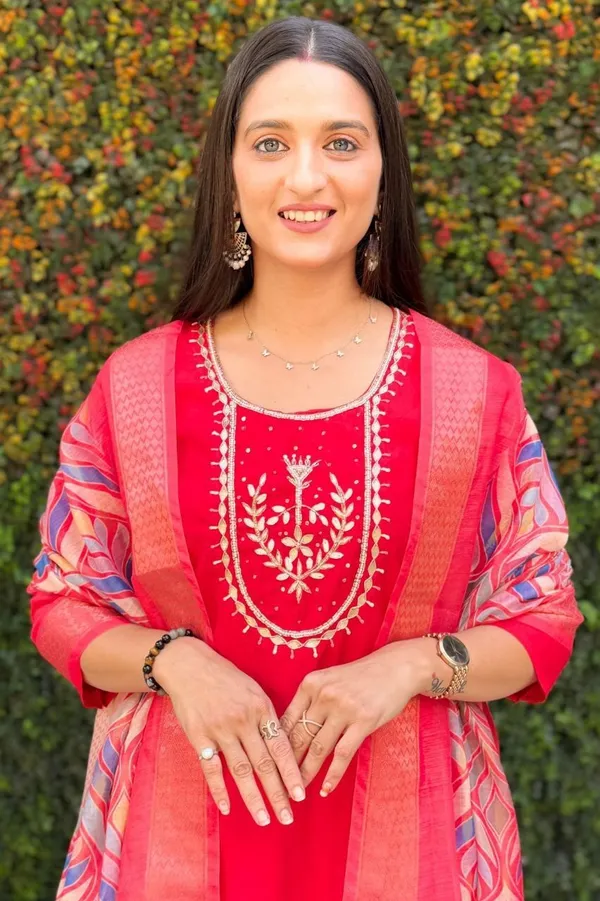 Red_Silk_Blend_3/4_Sleeve_Round_Neck_Kurti_Palazzo_Set_For_Women