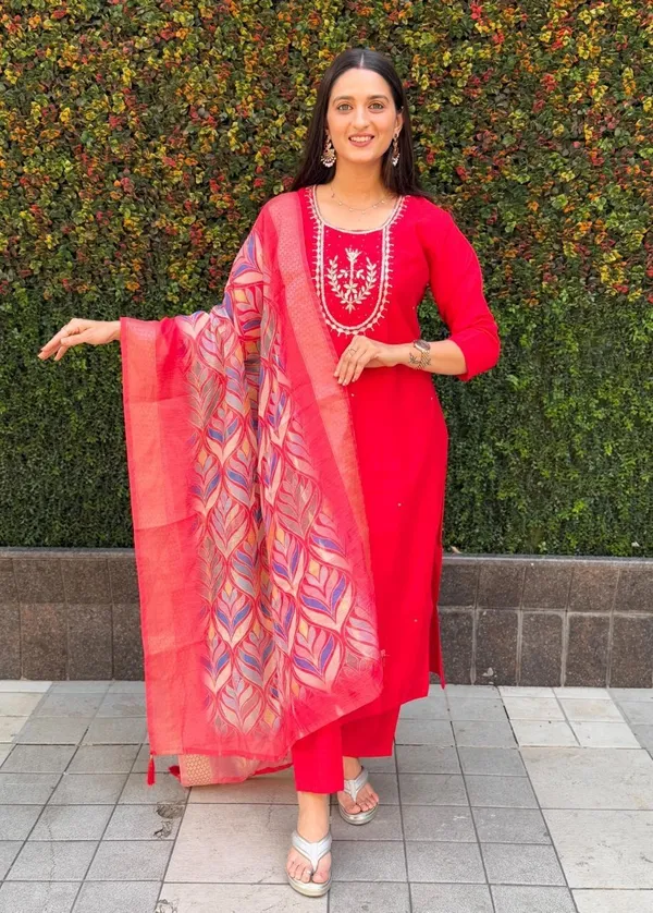 Red_Silk_Blend_3/4_Sleeve_Round_Neck_Kurti_Palazzo_Set_For_Women