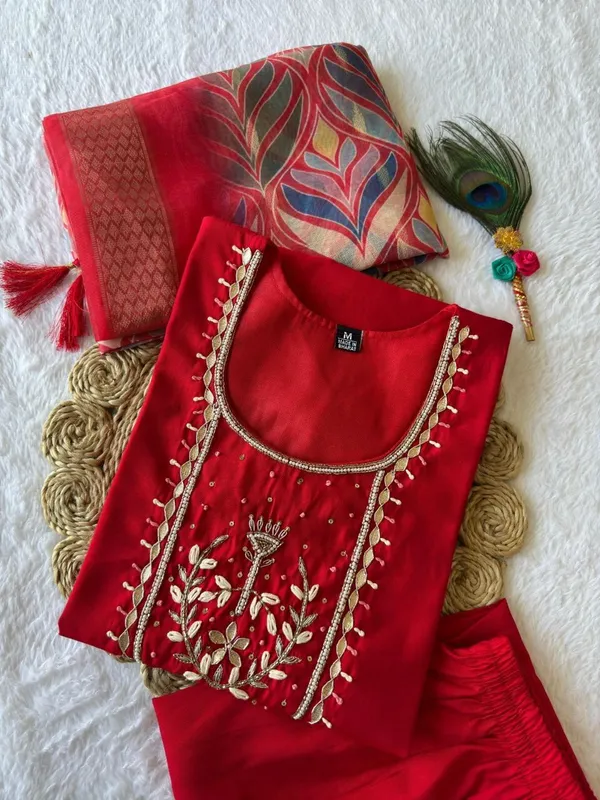 Red_Silk_Blend_3/4_Sleeve_Round_Neck_Kurti_Palazzo_Set_For_Women