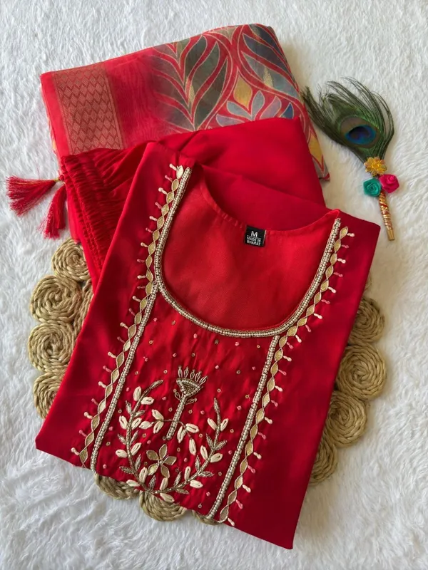 Red_Silk_Blend_3/4_Sleeve_Round_Neck_Kurti_Palazzo_Set_For_Women