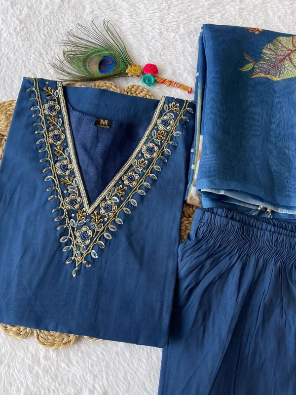 Blue_Silk_Blend_3/4_Sleeve_V_Neck_Kurti_Palazzo_Set_For_Women