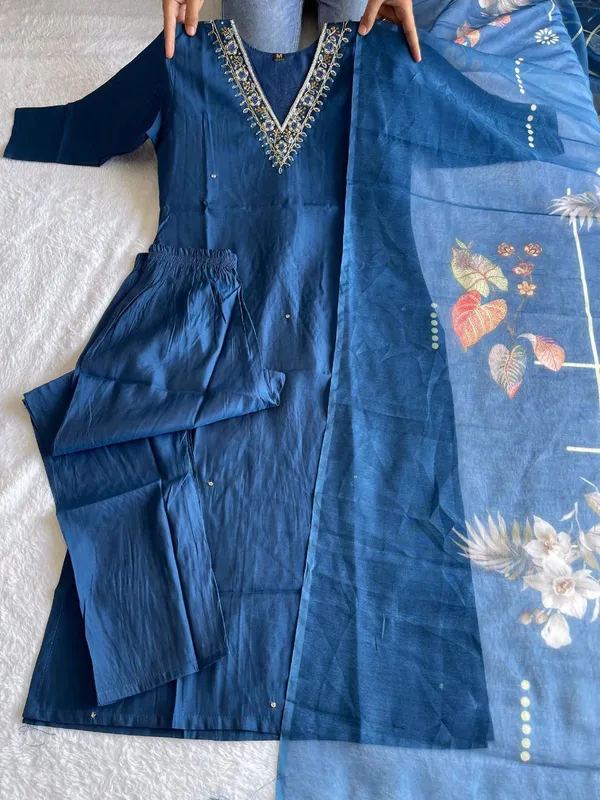 Blue_Silk_Blend_3/4_Sleeve_V_Neck_Kurti_Palazzo_Set_For_Women