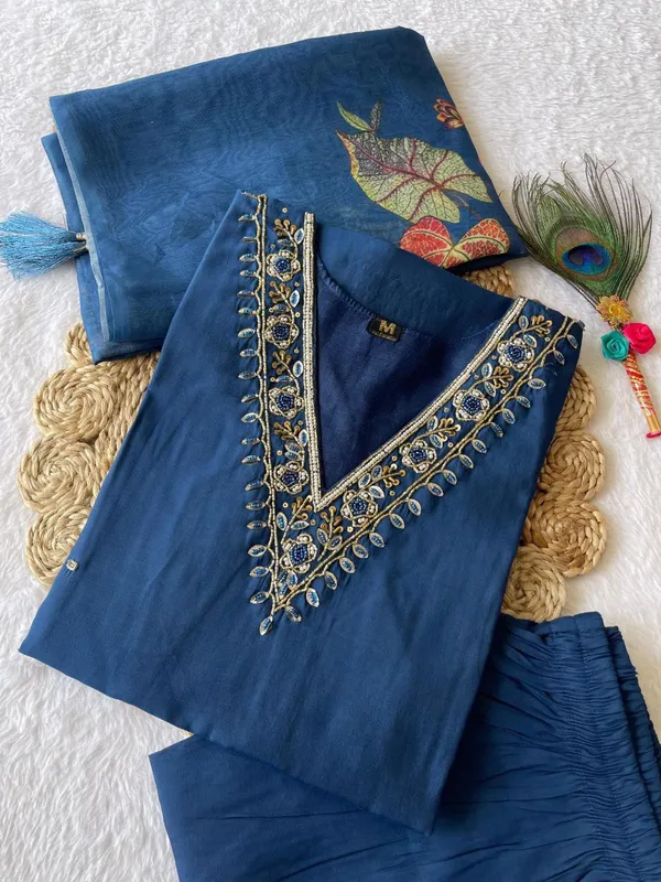 Blue_Silk_Blend_3/4_Sleeve_V_Neck_Kurti_Palazzo_Set_For_Women