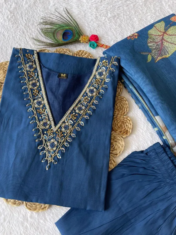 Blue_Silk_Blend_3/4_Sleeve_V_Neck_Kurti_Palazzo_Set_For_Women