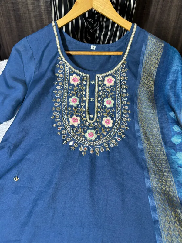 Blue_Silk_Blend_3/4_Sleeve_V_Neck_Kurti_Palazzo_Set_For_Women