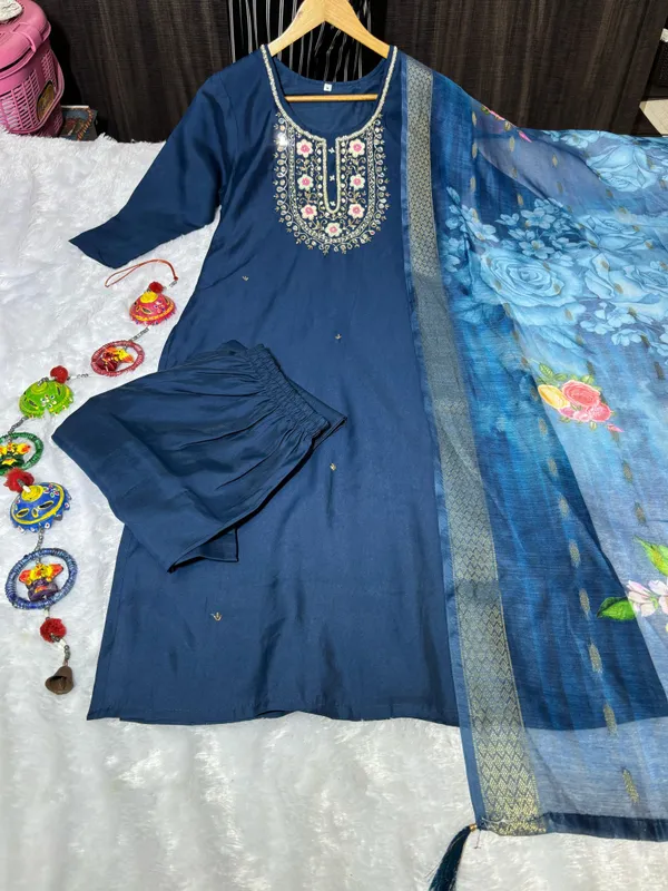 Blue_Silk_Blend_3/4_Sleeve_V_Neck_Kurti_Palazzo_Set_For_Women