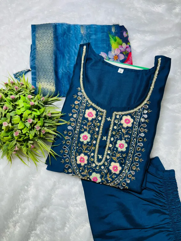 Blue_Silk_Blend_3/4_Sleeve_V_Neck_Kurti_Palazzo_Set_For_Women