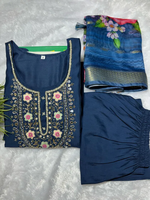 Blue_Silk_Blend_3/4_Sleeve_V_Neck_Kurti_Palazzo_Set_For_Women