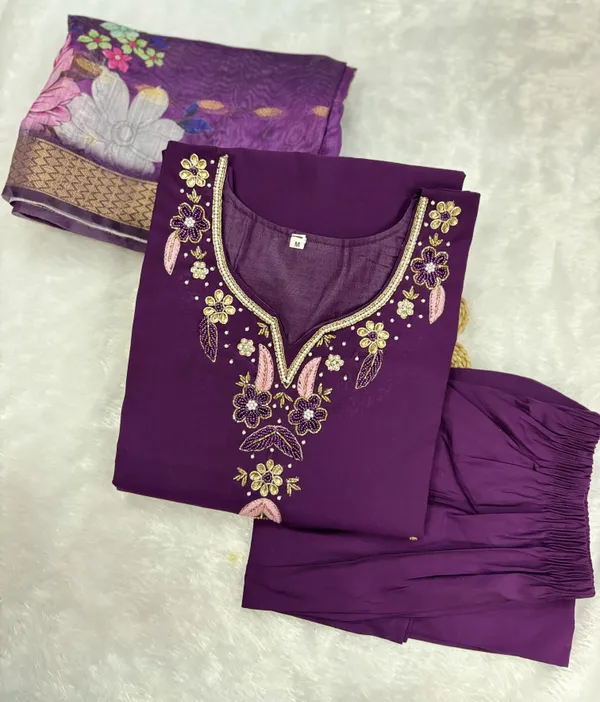 Wine_Silk_Blend_3/4_Sleeve_V_Neck_Kurti_Palazzo_Set_For_Women