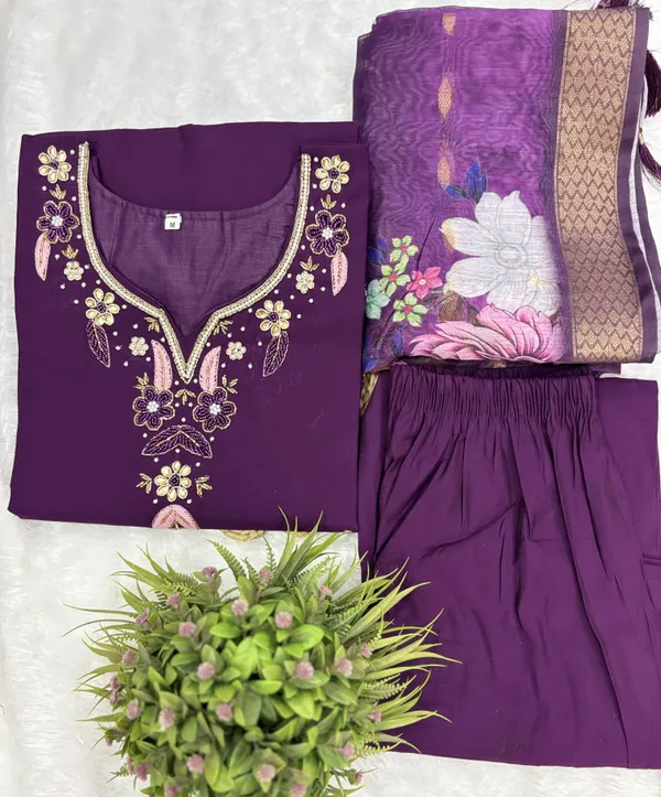 Wine_Silk_Blend_3/4_Sleeve_V_Neck_Kurti_Palazzo_Set_For_Women