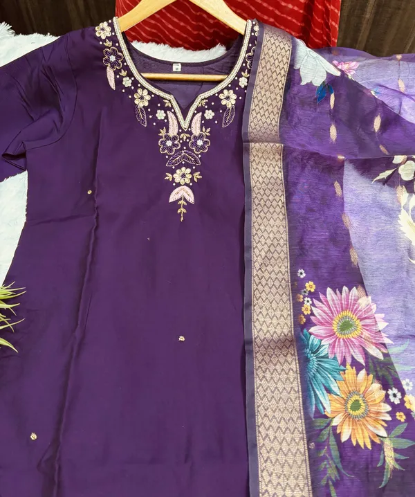 Wine_Silk_Blend_3/4_Sleeve_V_Neck_Kurti_Palazzo_Set_For_Women