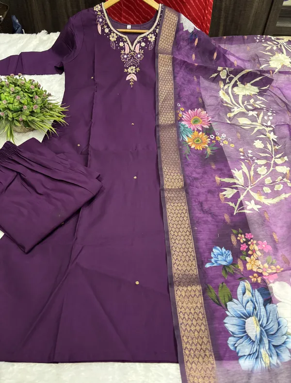 Wine_Silk_Blend_3/4_Sleeve_V_Neck_Kurti_Palazzo_Set_For_Women