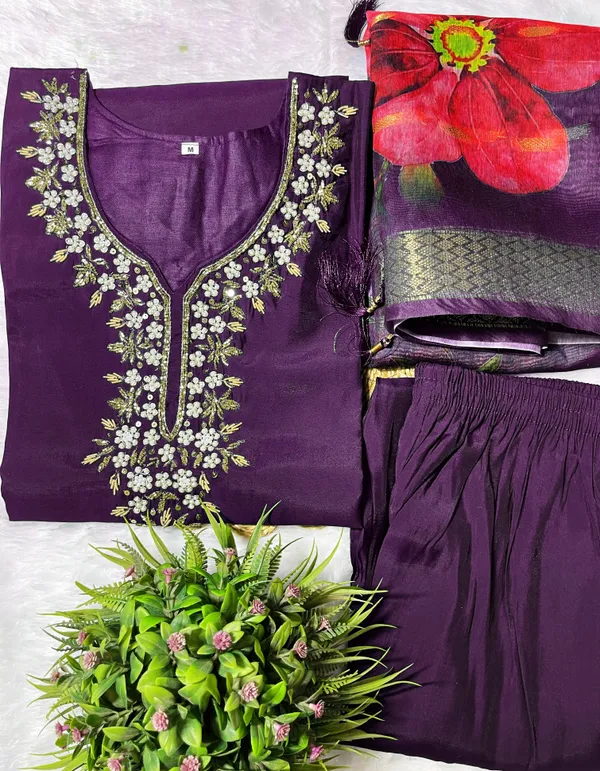 Wine_Silk_Blend_3/4_Sleeve_V_Neck_Kurti_Palazzo_Set_For_Women