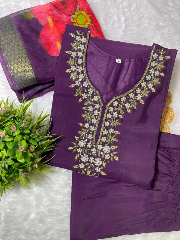 Wine_Silk_Blend_3/4_Sleeve_V_Neck_Kurti_Palazzo_Set_For_Women