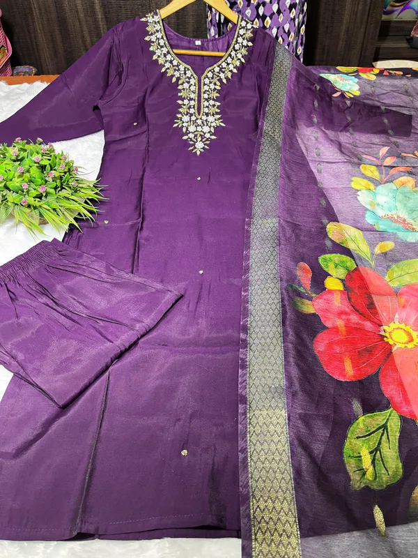 Wine_Silk_Blend_3/4_Sleeve_V_Neck_Kurti_Palazzo_Set_For_Women