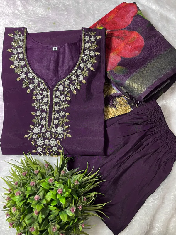 Wine_Silk_Blend_3/4_Sleeve_V_Neck_Kurti_Palazzo_Set_For_Women