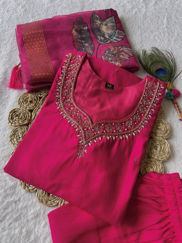 Pink_Silk_Blend_3/4_Sleeve_V_Neck_Kurti_Palazzo_Set_For_Women