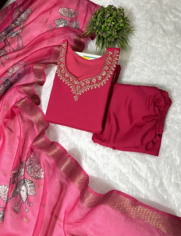 Pink_Silk_Blend_3/4_Sleeve_V_Neck_Kurti_Palazzo_Set_For_Women