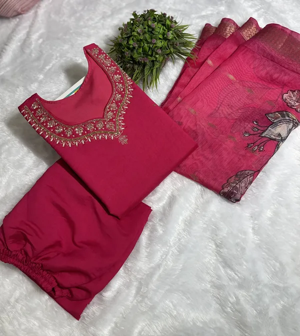 Pink_Silk_Blend_3/4_Sleeve_V_Neck_Kurti_Palazzo_Set_For_Women