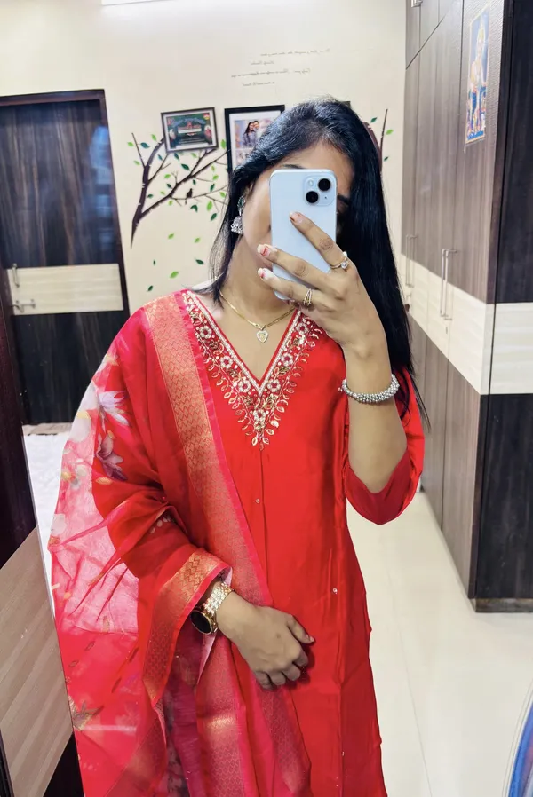 Red_Silk_Blend_3/4_Sleeve_V_Neck_Kurti_Palazzo_Set_For_Women