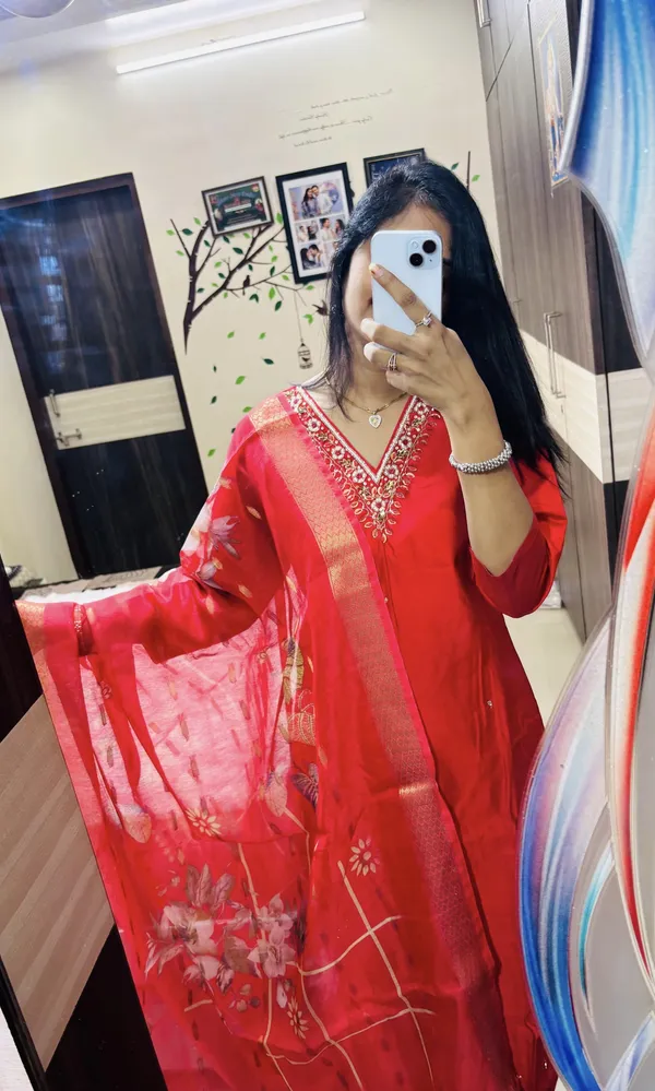 Red_Silk_Blend_3/4_Sleeve_V_Neck_Kurti_Palazzo_Set_For_Women