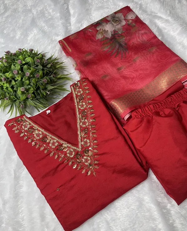 Red_Silk_Blend_3/4_Sleeve_V_Neck_Kurti_Palazzo_Set_For_Women