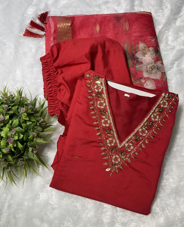 Red_Silk_Blend_3/4_Sleeve_V_Neck_Kurti_Palazzo_Set_For_Women