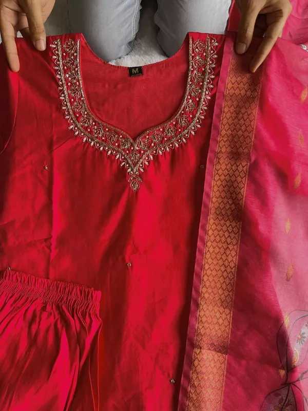 Red_Silk_Blend_3/4_Sleeve_V_Neck_Kurti_Palazzo_Set_For_Women