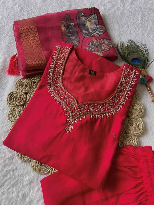 Red_Silk_Blend_3/4_Sleeve_V_Neck_Kurti_Palazzo_Set_For_Women