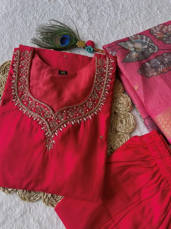 Red_Silk_Blend_3/4_Sleeve_V_Neck_Kurti_Palazzo_Set_For_Women
