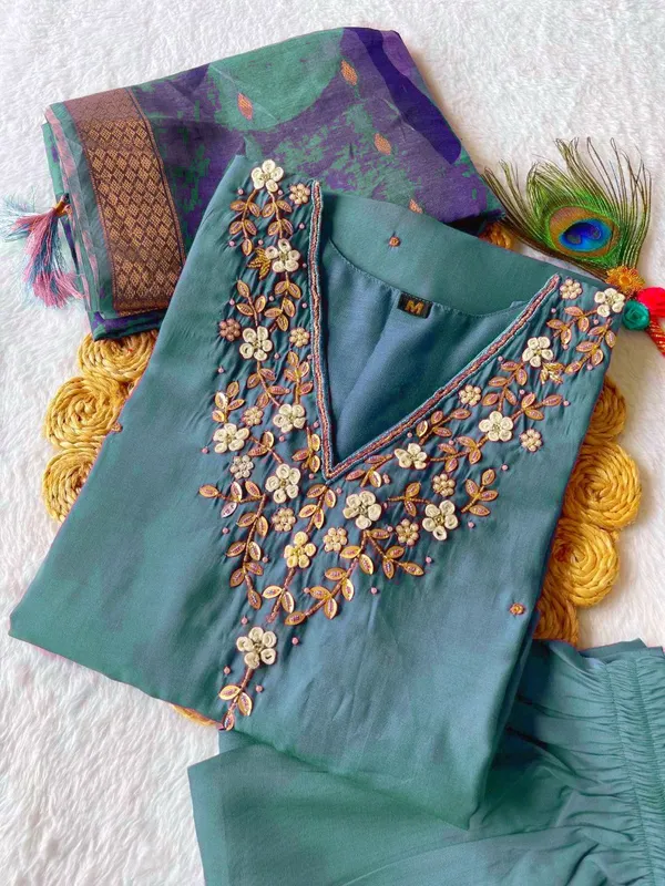 Teal_Silk_Blend_3/4_Sleeve_V_Neck_Kurti_Palazzo_Set_For_Women