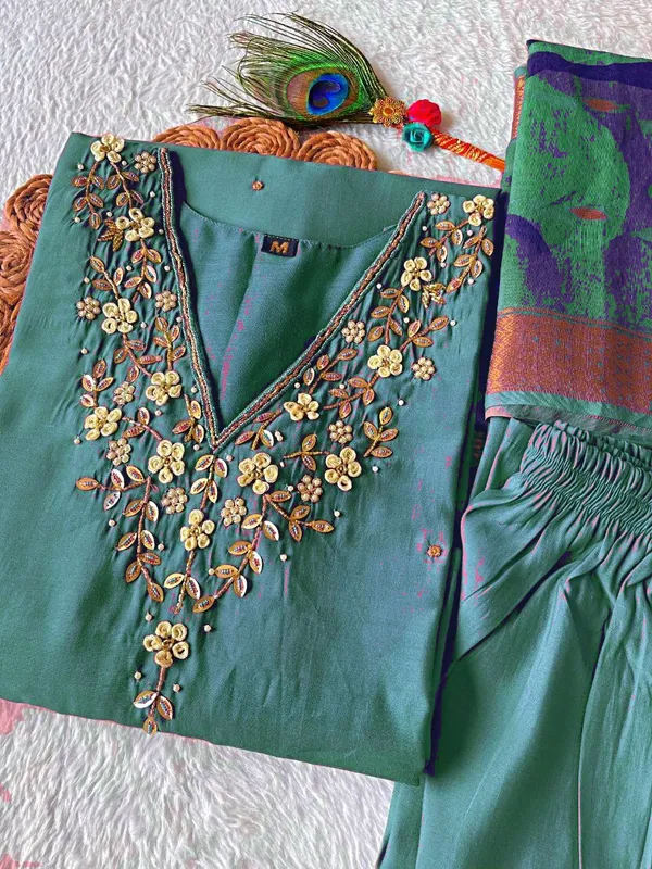 Teal_Silk_Blend_3/4_Sleeve_V_Neck_Kurti_Palazzo_Set_For_Women