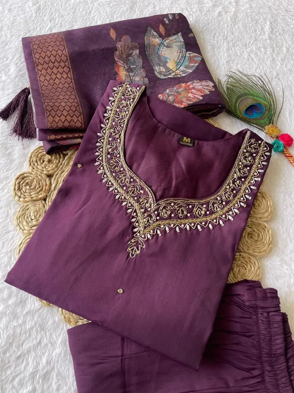 Wine_Silk_Blend_3/4_Sleeve_V_Neck_Kurti_Palazzo_Set_For_Women