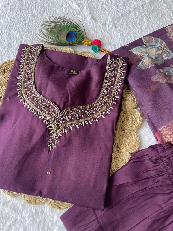 Wine_Silk_Blend_3/4_Sleeve_V_Neck_Kurti_Palazzo_Set_For_Women