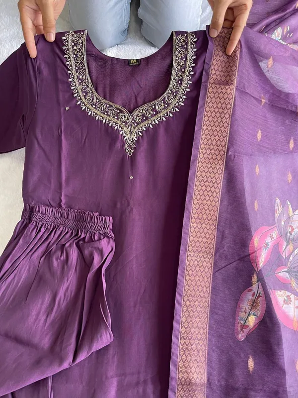 Wine_Silk_Blend_3/4_Sleeve_V_Neck_Kurti_Palazzo_Set_For_Women