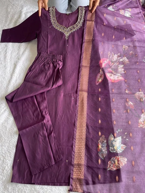 Wine_Silk_Blend_3/4_Sleeve_V_Neck_Kurti_Palazzo_Set_For_Women