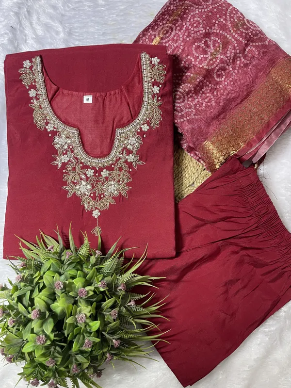 Maroon_Silk_Blend_3/4_Sleeve_V_Neck_Kurti_Palazzo_Set_For_Women