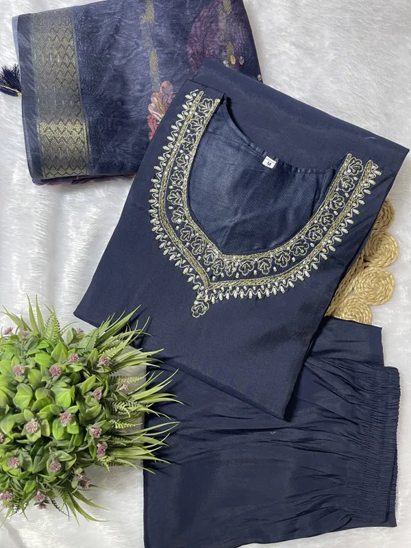 Navy_Blue_Silk_Blend_3/4_Sleeve_V_Neck_Kurti_Palazzo_Set_For_Women