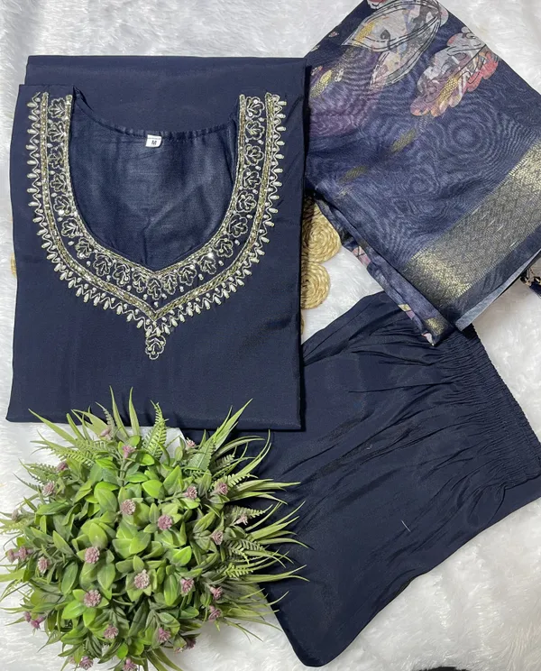 Navy_Blue_Silk_Blend_3/4_Sleeve_V_Neck_Kurti_Palazzo_Set_For_Women