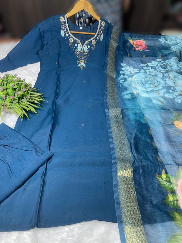 Blue_Silk_Blend_3/4_Sleeve_V_Neck_Kurti_Palazzo_Set_For_Women