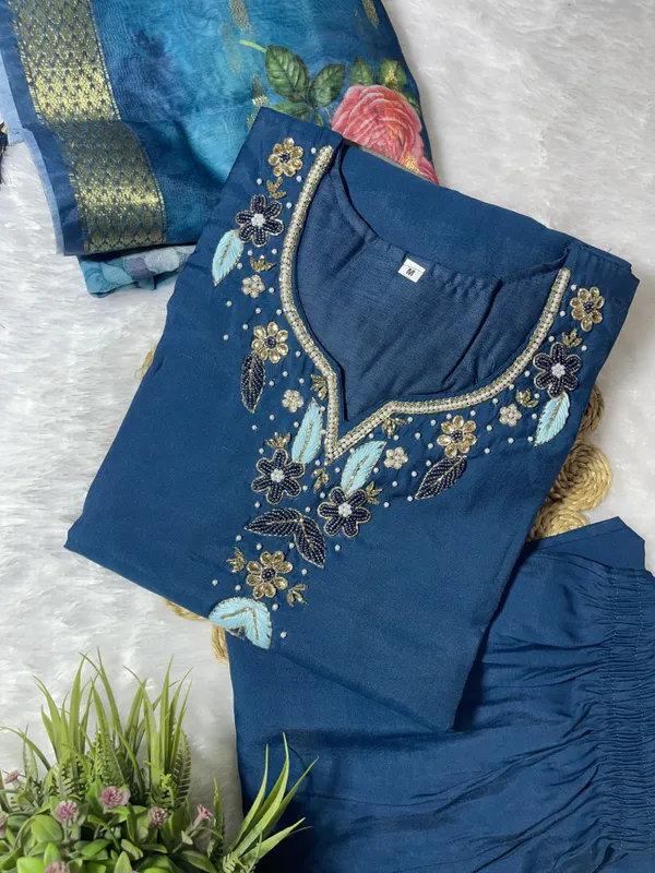 Blue_Silk_Blend_3/4_Sleeve_V_Neck_Kurti_Palazzo_Set_For_Women