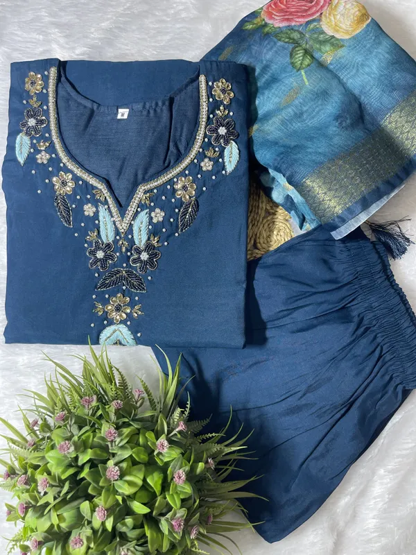 Blue_Silk_Blend_3/4_Sleeve_V_Neck_Kurti_Palazzo_Set_For_Women