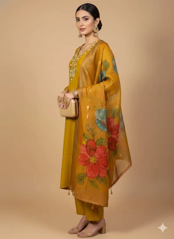 Mustard_Silk_Blend_3/4_Sleeve_V_Neck_Kurti_Palazzo_Set_For_Women