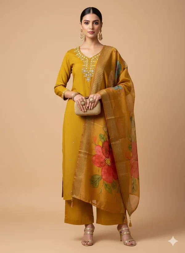 Mustard_Silk_Blend_3/4_Sleeve_V_Neck_Kurti_Palazzo_Set_For_Women