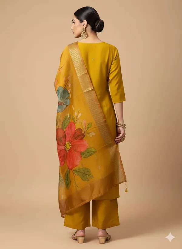 Mustard_Silk_Blend_3/4_Sleeve_V_Neck_Kurti_Palazzo_Set_For_Women