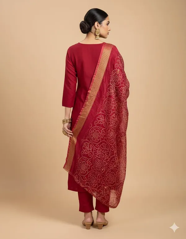 Maroon_Silk_Blend_3/4_Sleeve_V_Neck_Kurti_Palazzo_Set_For_Women