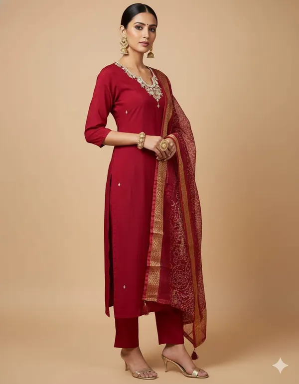 Maroon_Silk_Blend_3/4_Sleeve_V_Neck_Kurti_Palazzo_Set_For_Women
