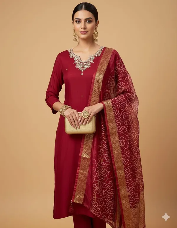 Maroon_Silk_Blend_3/4_Sleeve_V_Neck_Kurti_Palazzo_Set_For_Women